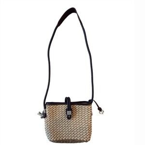 Brighton Basket Weave Crossbody Bag Woven Leather Trim Silver Heart Charms Tan